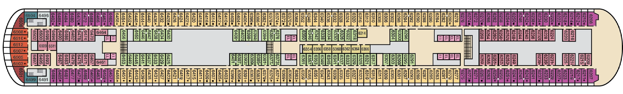 Carnival Venezia, Deck 6: official cabin and venue layout