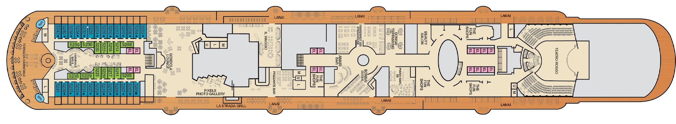 Carnival Venezia, Deck 5: official cabin and venue layout