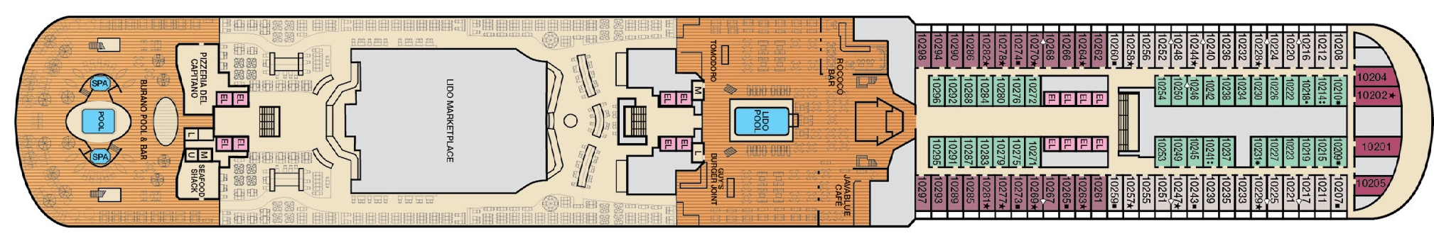 Carnival Venezia, Deck 10: official cabin and venue layout