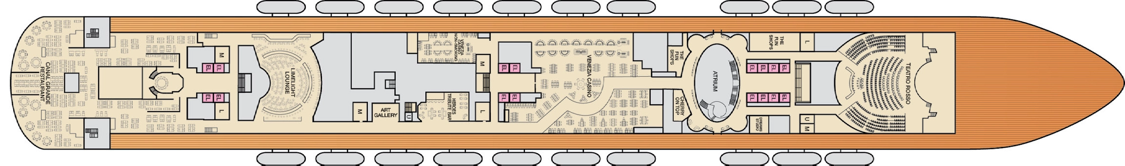 Carnival Venezia, Deck 4: official cabin and venue layout