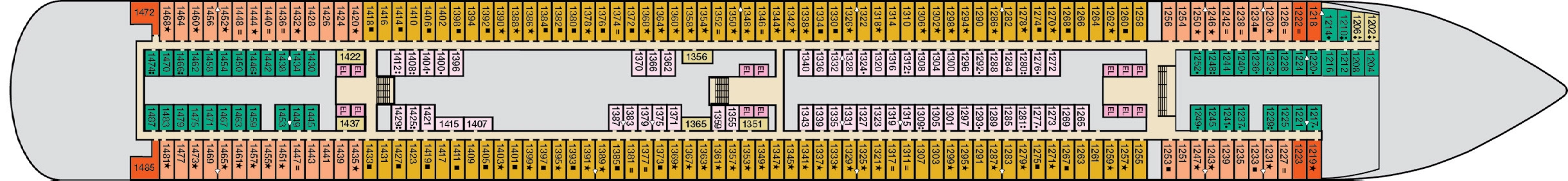Carnival Venezia, Deck 1: official cabin and venue layout