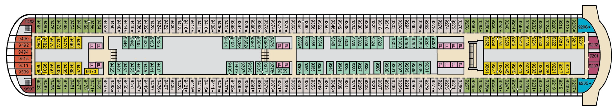 Carnival Venezia, Deck 9: official cabin and venue layout