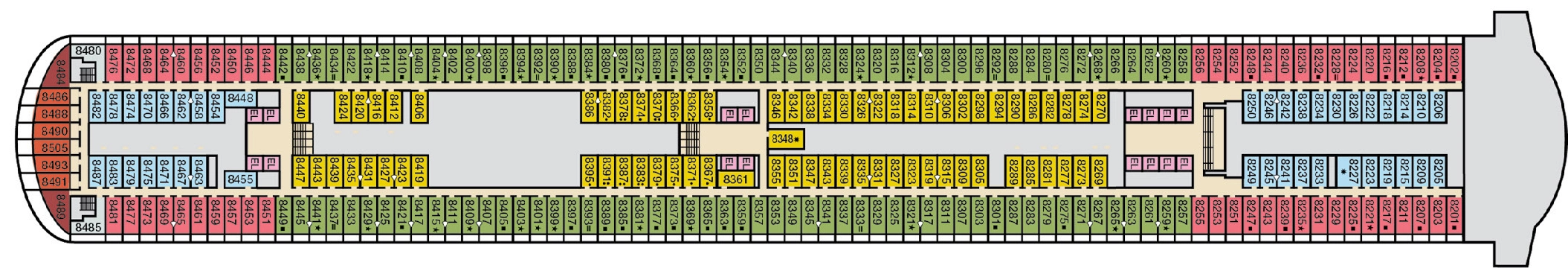 Carnival Venezia, Deck 8: official cabin and venue layout