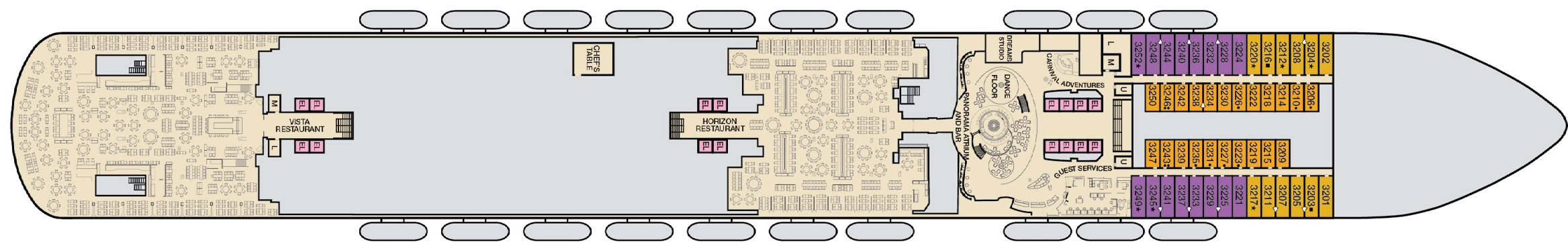 Carnival Panorama, Deck 3: official cabin and venue layout