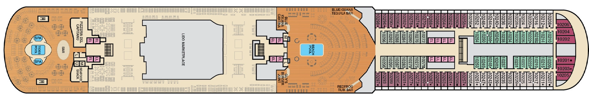 Carnival Panorama, Deck 10: official cabin and venue layout