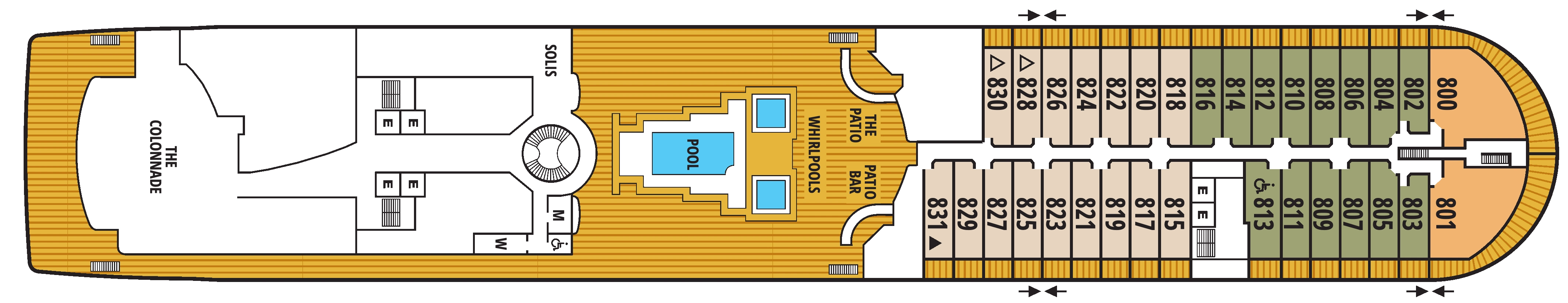 Seabourn Quest, Deck 8: official cabin and venue layout
