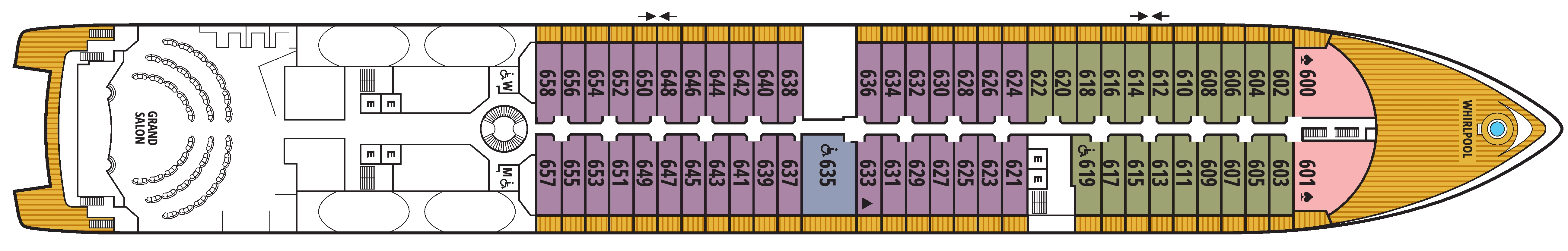 Seabourn Quest, Deck 6: official cabin and venue layout
