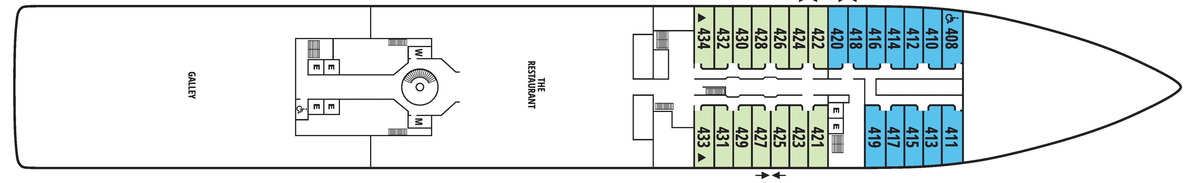 Seabourn Quest, Deck 4: official cabin and venue layout