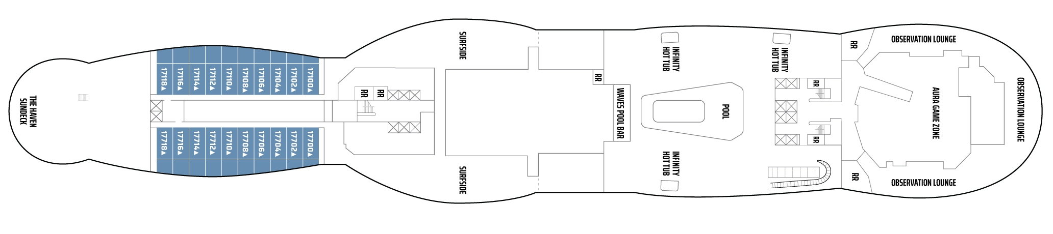 Norwegian Aura, Deck 17: official cabin and venue layout