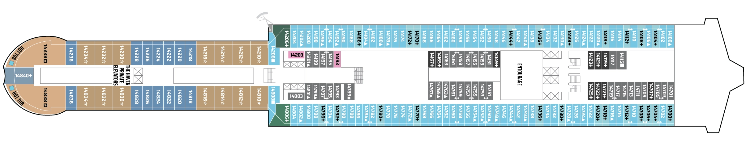 Norwegian Aura, Deck 14: official cabin and venue layout