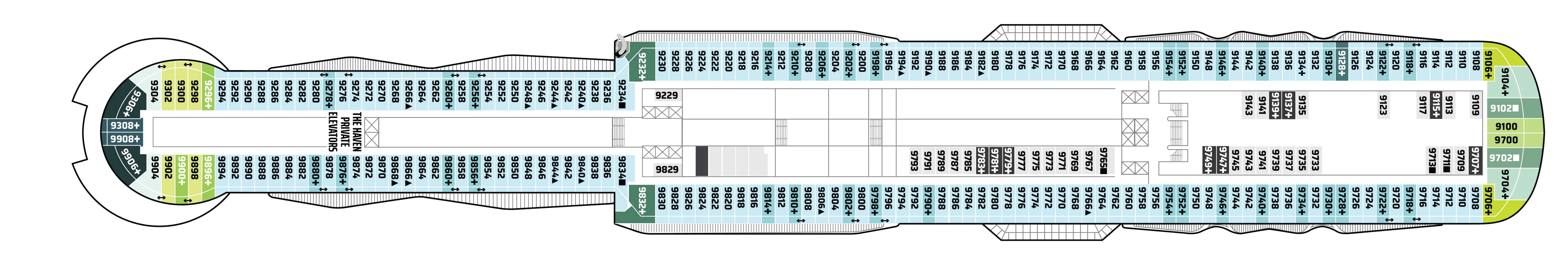 Norwegian Aura, Deck 9: official cabin and venue layout