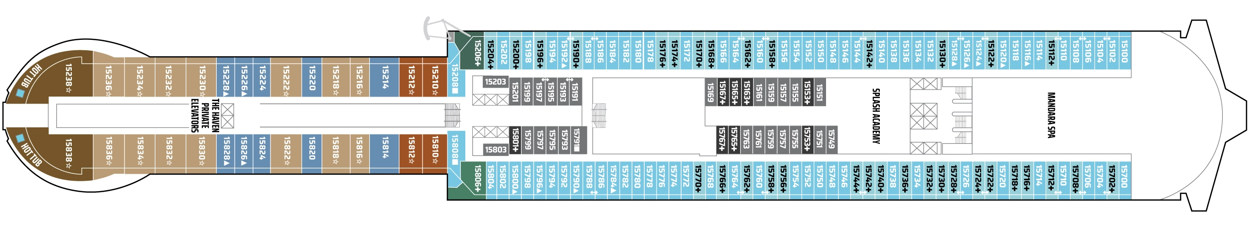 Norwegian Aura, Deck 15: official cabin and venue layout