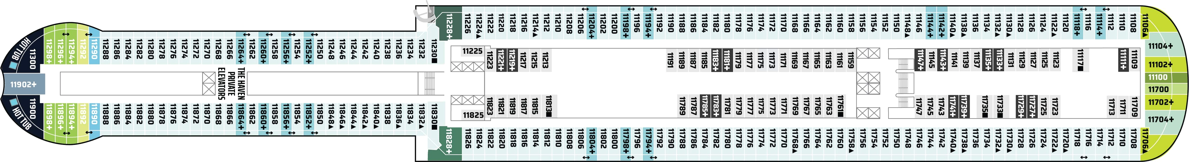 Norwegian Aura, Deck 11: official cabin and venue layout