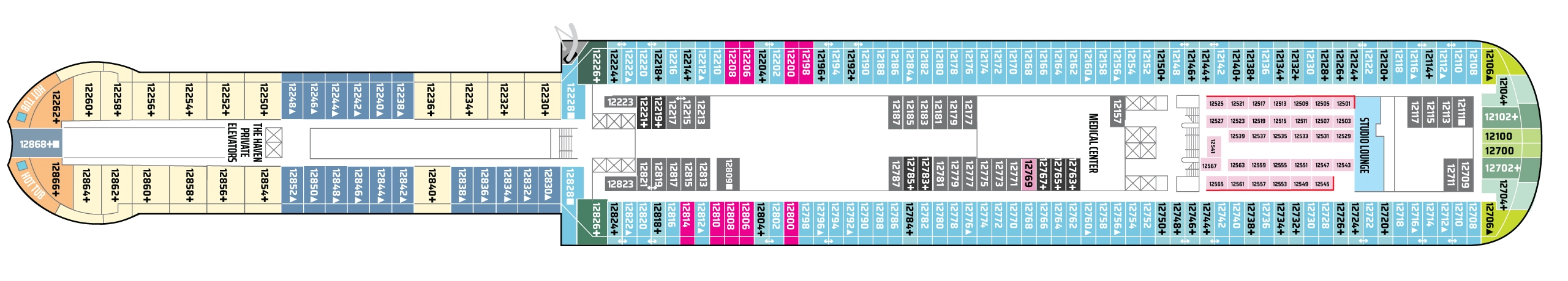 Norwegian Aura, Deck 12: official cabin and venue layout