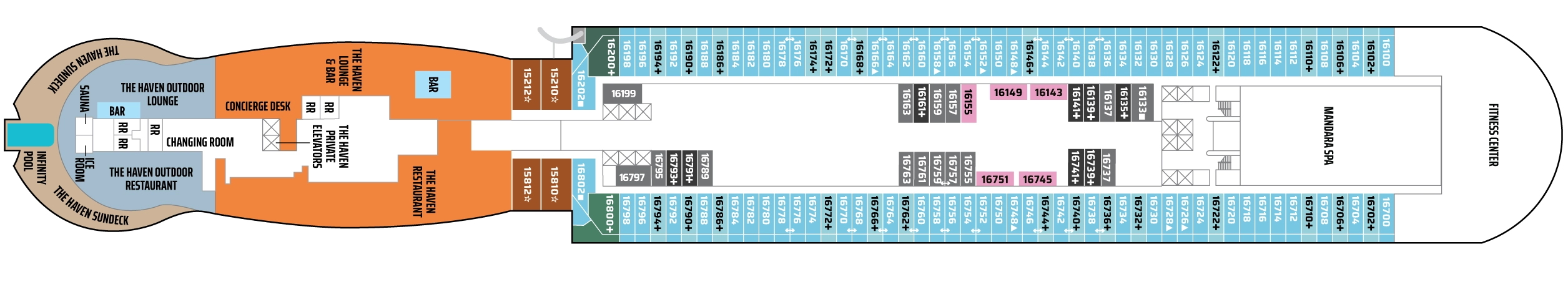 Norwegian Aura, Deck 16: official cabin and venue layout