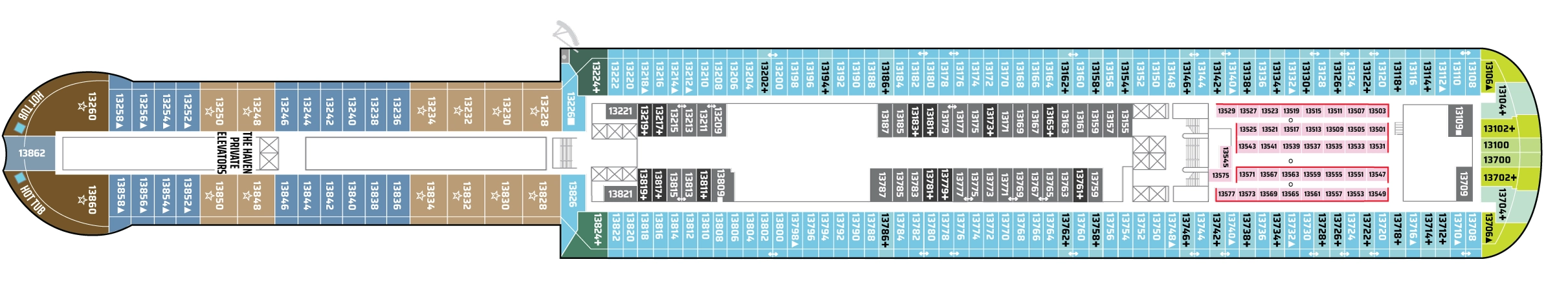 Norwegian Aura, Deck 13: official cabin and venue layout
