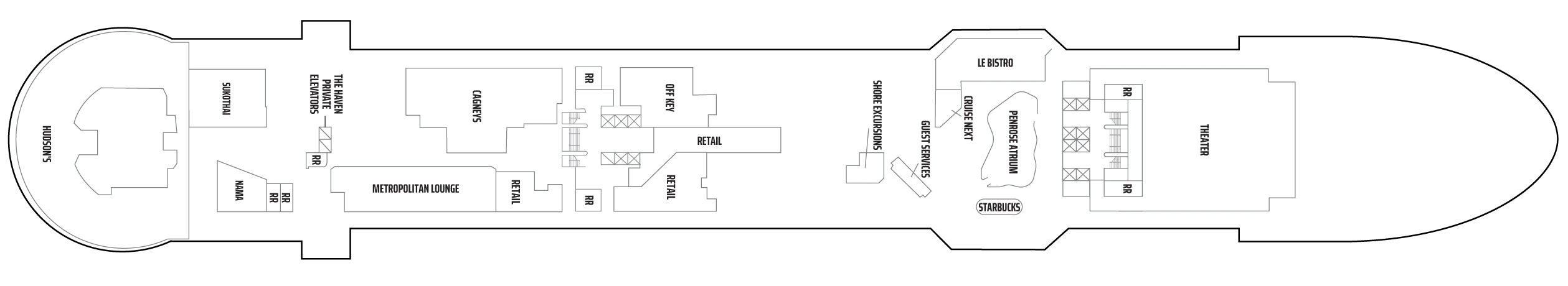 Norwegian Aura, Deck 7: official cabin and venue layout