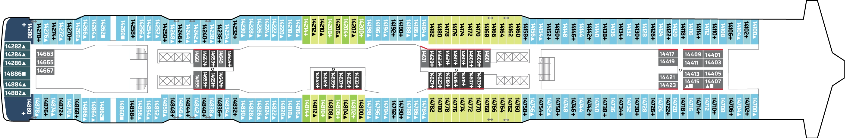 Norwegian Bliss, Deck 14: official cabin and venue layout