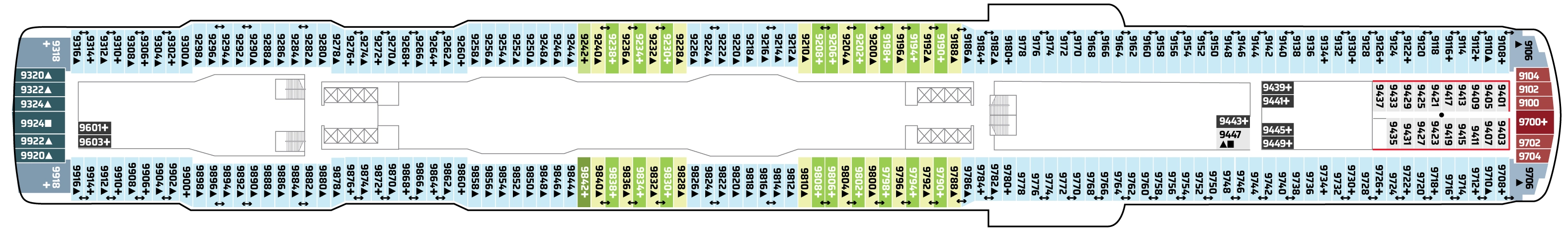 Norwegian Bliss, Deck 9: official cabin and venue layout