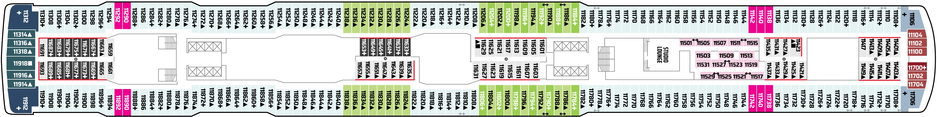 Norwegian Bliss, Deck 11: official cabin and venue layout