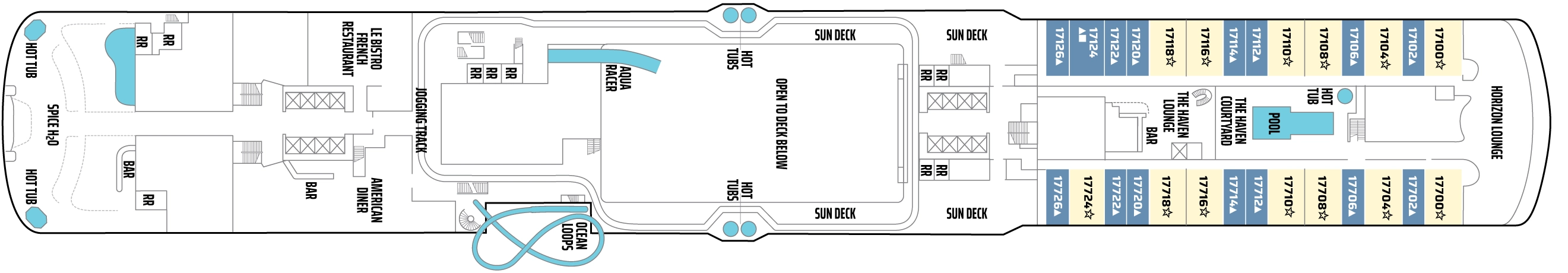 Norwegian Bliss, Deck 17: official cabin and venue layout