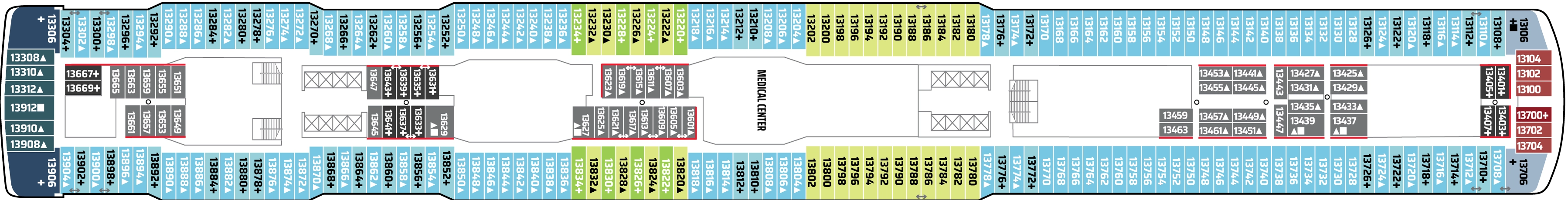 Norwegian Bliss, Deck 13: official cabin and venue layout