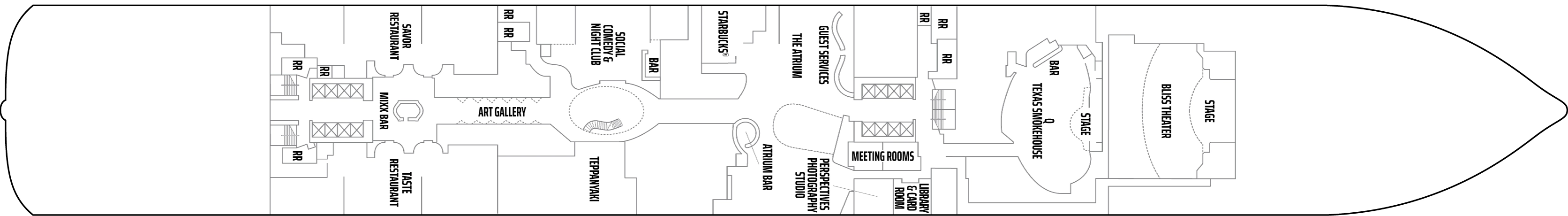 Norwegian Bliss, Deck 6: official cabin and venue layout