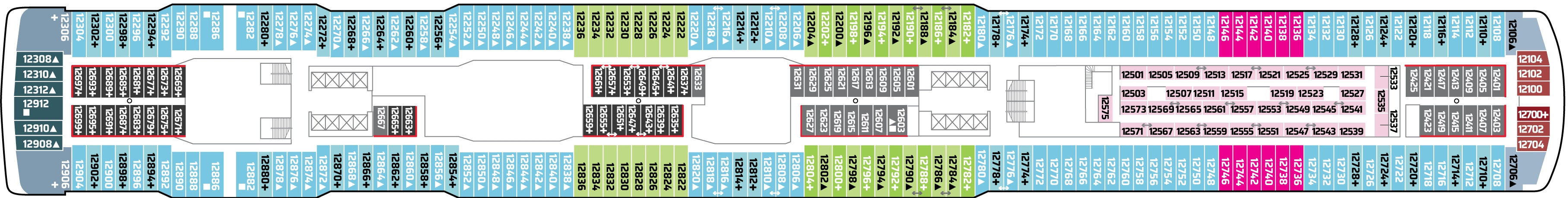 Norwegian Bliss, Deck 12: official cabin and venue layout