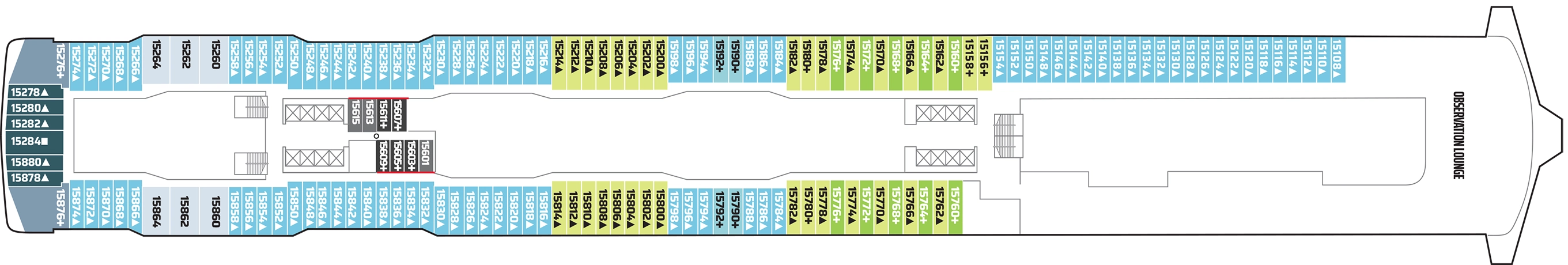 Norwegian Bliss, Deck 15: official cabin and venue layout