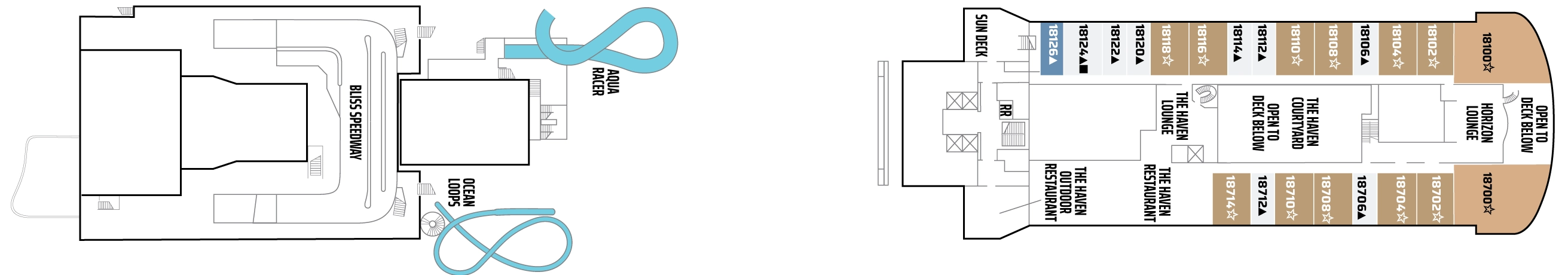 Norwegian Bliss, Deck 18: official cabin and venue layout