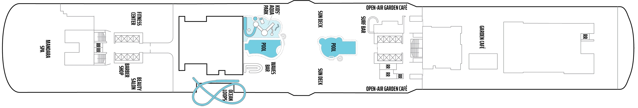 Norwegian Bliss, Deck 16: official cabin and venue layout