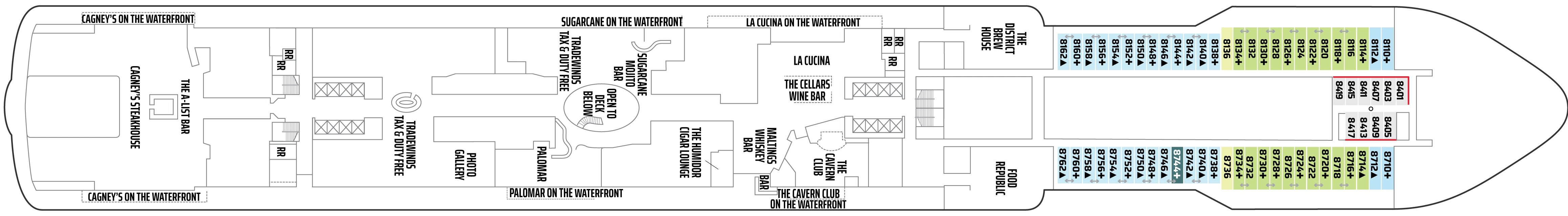 Norwegian Bliss, Deck 8: official cabin and venue layout