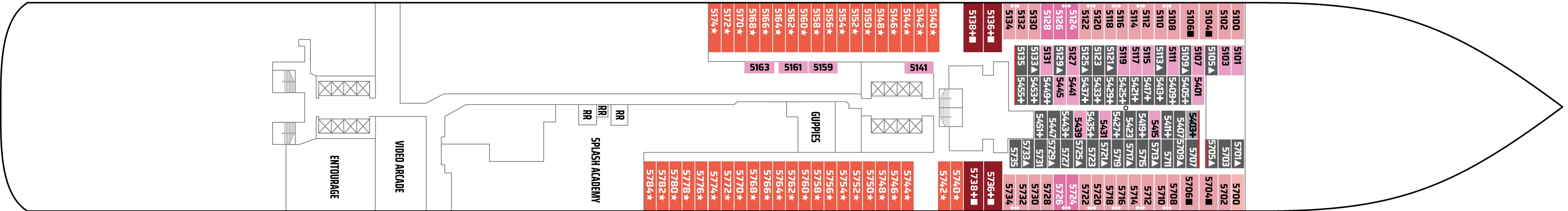 Norwegian Bliss, Deck 5: official cabin and venue layout