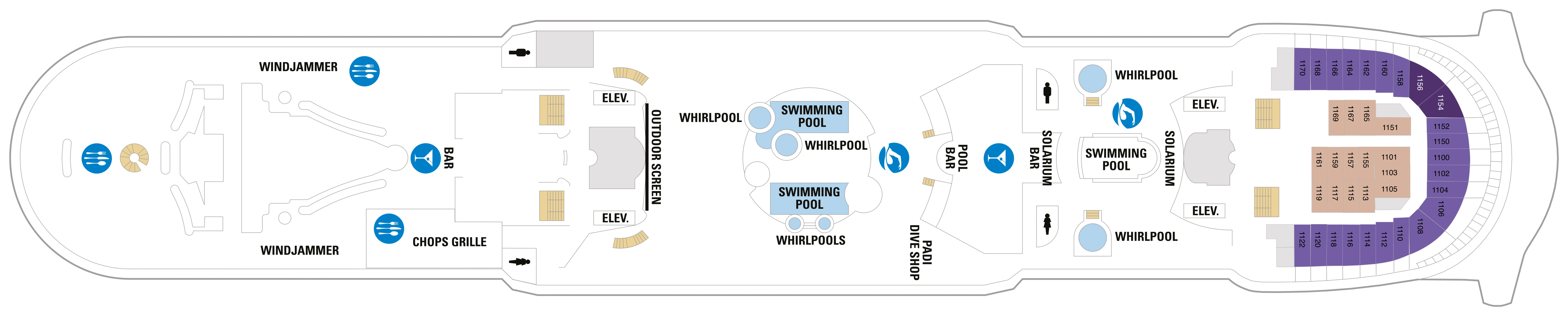 Voyager of the Seas, Deck 11: official cabin and venue layout
