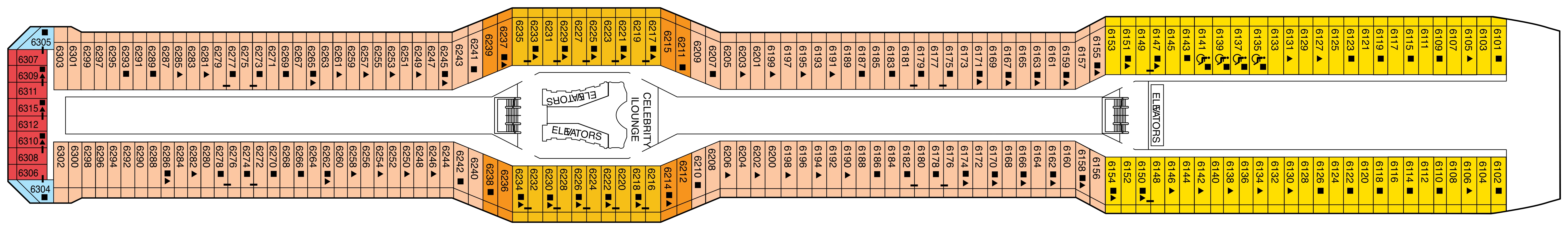 Celebrity Equinox, Deck 6: official cabin and venue layout