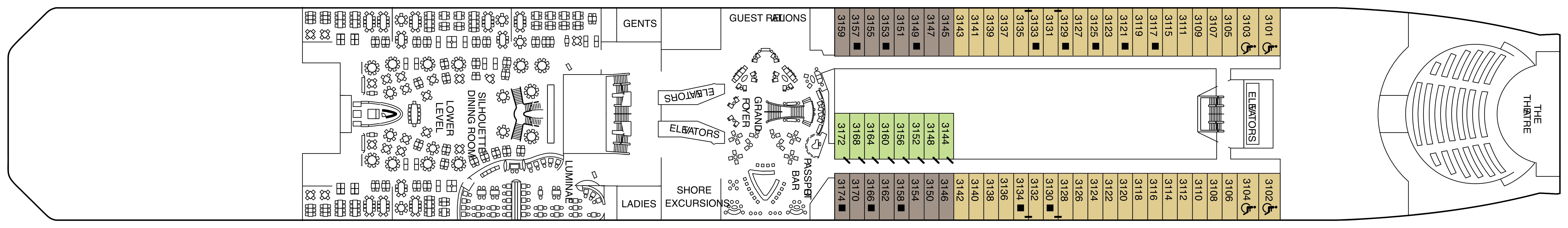 Celebrity Equinox, Deck 3: official cabin and venue layout