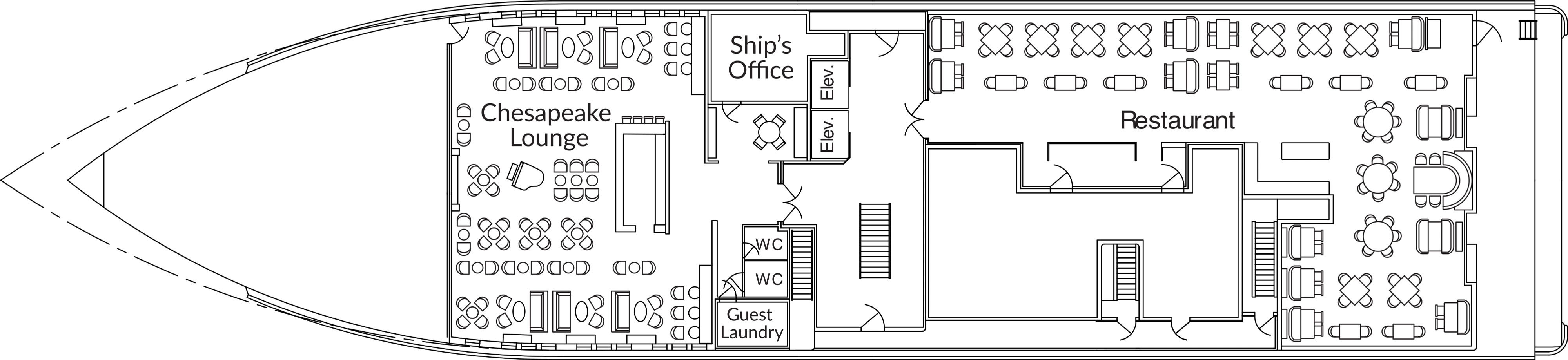 American Pioneer, Deck 1: official cabin and venue layout
