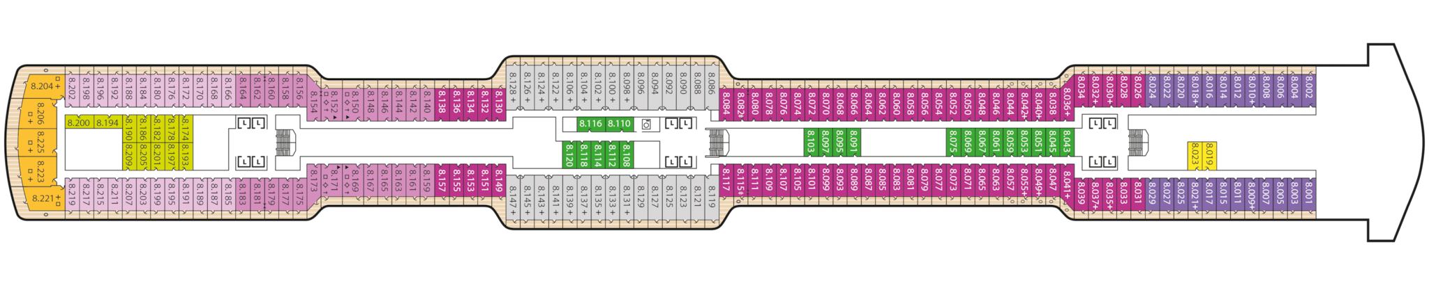 Queen Anne, Deck 8: official cabin and venue layout