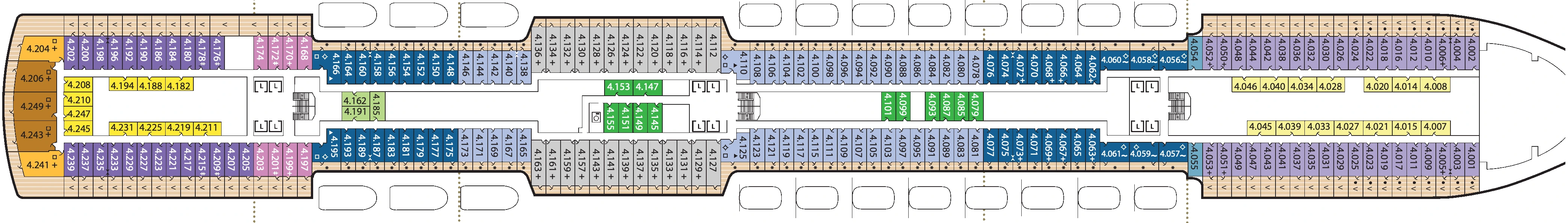 Queen Anne, Deck 4: official cabin and venue layout