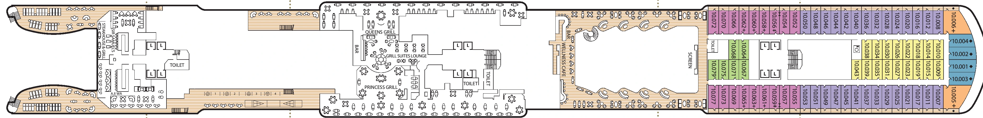 Queen Anne, Deck 10: official cabin and venue layout
