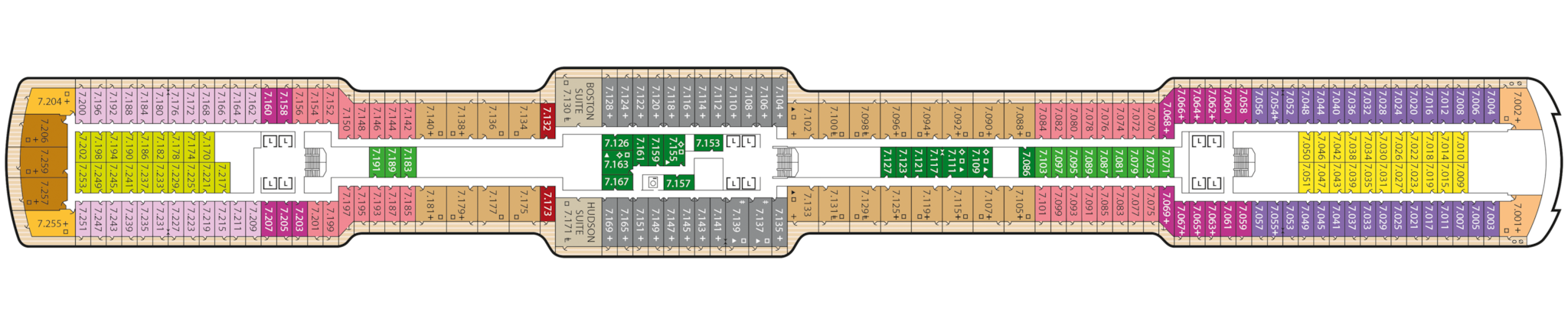 Queen Anne, Deck 7: official cabin and venue layout