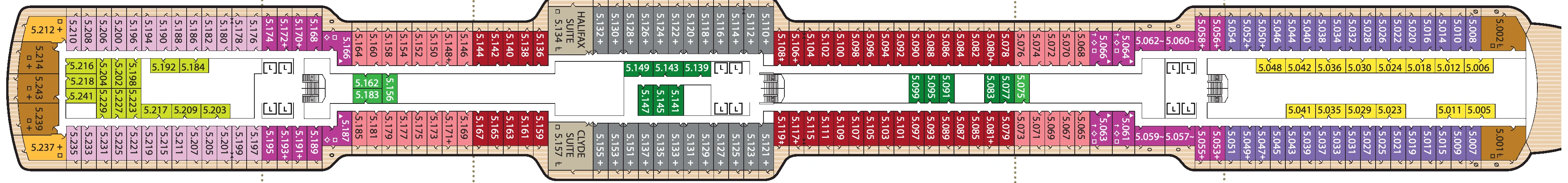Queen Anne, Deck 5: official cabin and venue layout