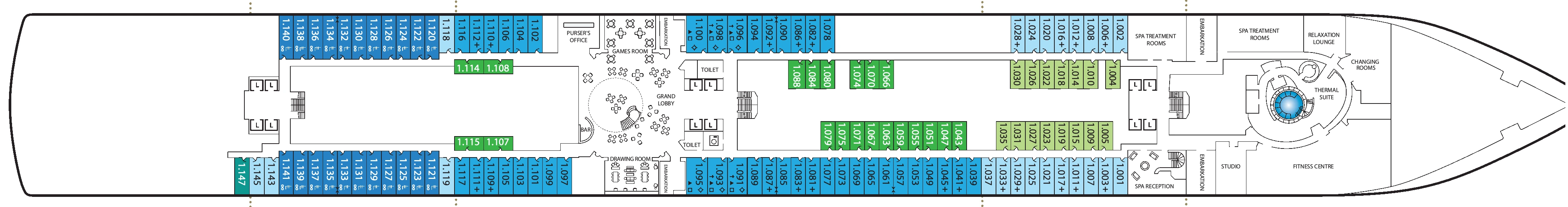 Queen Anne, Deck 1: official cabin and venue layout