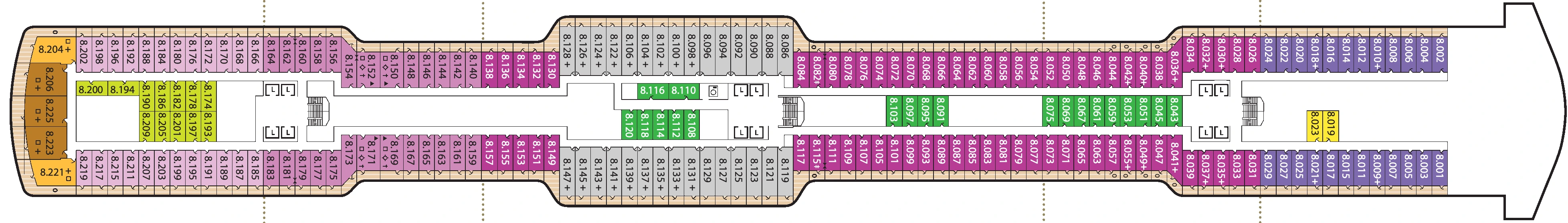 Queen Anne, Deck 8: official cabin and venue layout