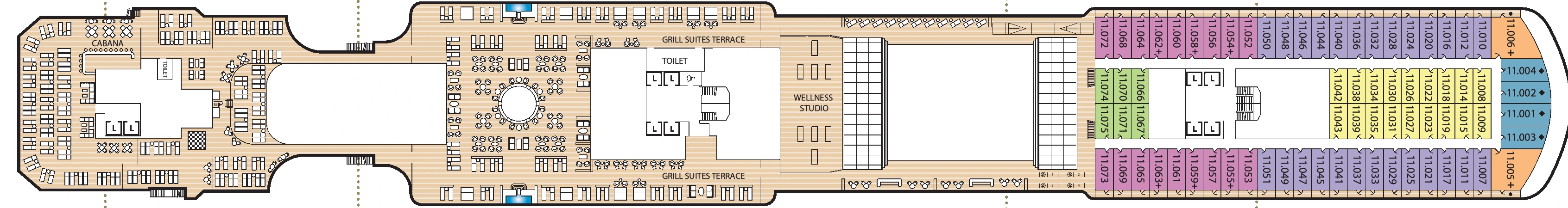 Queen Anne, Deck 11: official cabin and venue layout