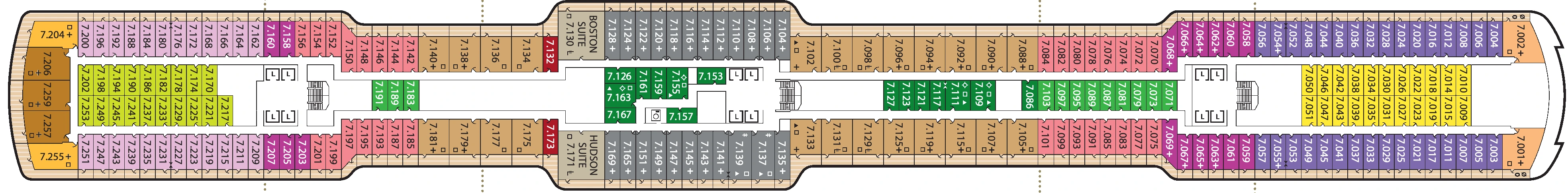 Queen Anne, Deck 7: official cabin and venue layout