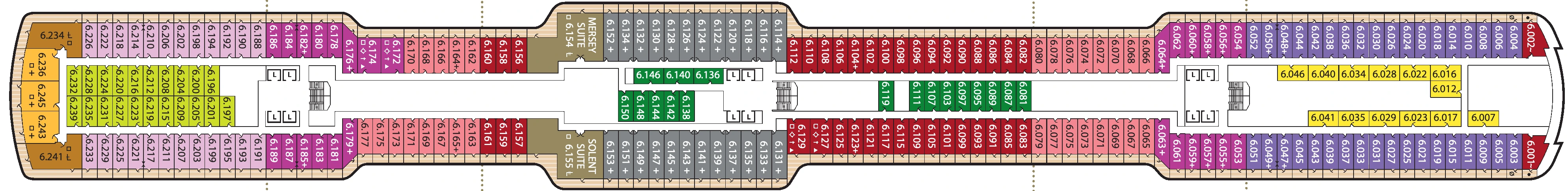 Queen Anne, Deck 6: official cabin and venue layout