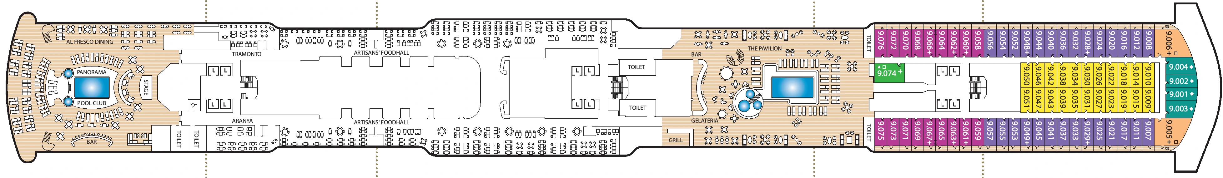 Queen Anne, Deck 9: official cabin and venue layout