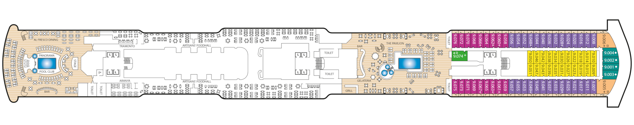 Queen Anne, Deck 9: official cabin and venue layout
