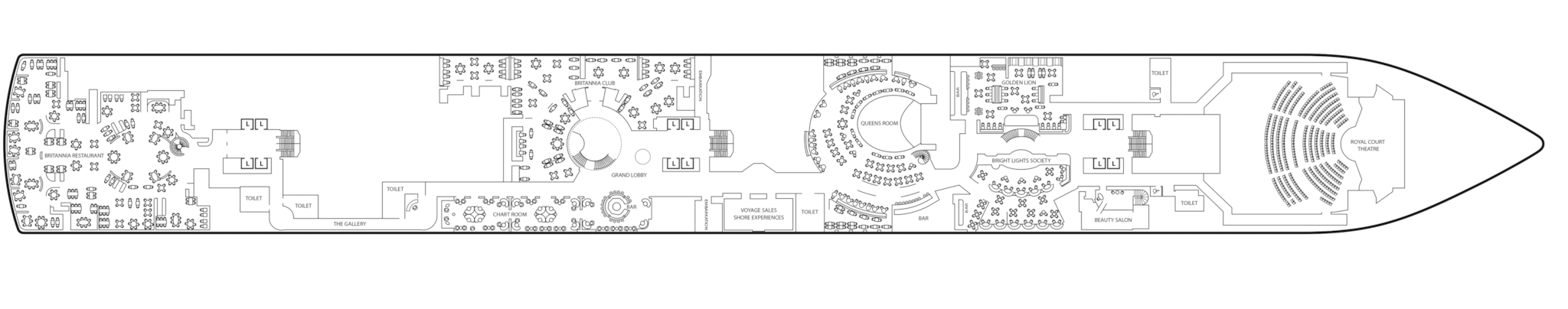 Queen Anne, Deck 2: official cabin and venue layout